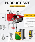Front view of red 2200lb 110V electric hoist with steel wire winch, remote control, slings, and mounting bracket.