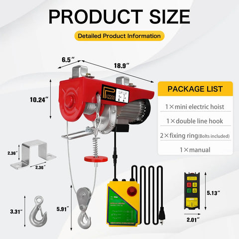 Front view of red 2200lb 110V electric hoist with steel wire winch, remote control, slings, and mounting bracket.