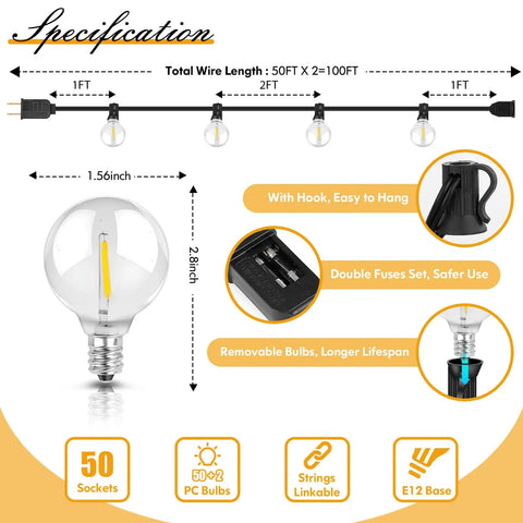 Specification diagram of 100Ft Outdoor String Lights Two Pack 50Ft Each With Shatterproof G40 Dimmable Bulbs, waterproof patio lighting.