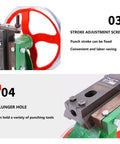 Detailed view of No Nonsense One Ton Manual Arbor Press with stroke adjustment screw and plunger hole for versatile tool use.