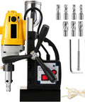 Heavy Duty Magnetic Drill Press Offers 1200 Watts Of Raw Power And Delivers Rock Solid Grip While Handling Steel Drilling Without Breaking A Sweat For Shops And Crews Onsite showing drill bit and control panel.