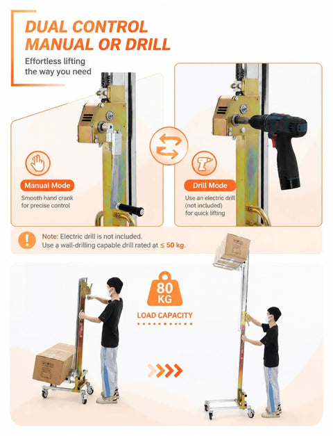 Dual control feature of Heavy Duty Portable Lift Trolley With Manual Winch And Forks showcasing manual and drill lifting modes.