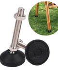 Close-up of adjustable threaded leveling feet with swivel base used for chair stabilization on grass, rust-resistant finish