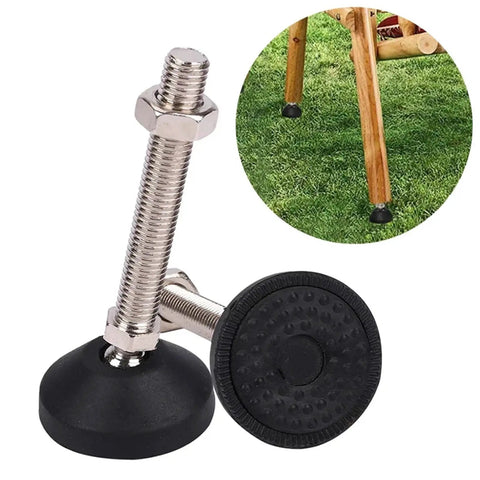 Close-up of adjustable threaded leveling feet with swivel base used for chair stabilization on grass, rust-resistant finish