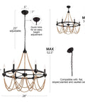 Natural Boho 28 Inch Chandelier With Wooden Bead Tassels And Rust Iron Black Wagon Wheel Frame, 6 Light Ceiling Lighting with dimensions
