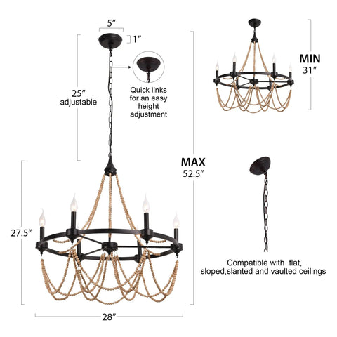 Natural Boho 28 Inch Chandelier With Wooden Bead Tassels And Rust Iron Black Wagon Wheel Frame, 6 Light Ceiling Lighting with dimensions