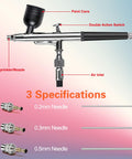 Airbrush Kit With Compact Compressor showing 0.2mm 0.3mm 0.5mm nozzles and adjustable spray features.