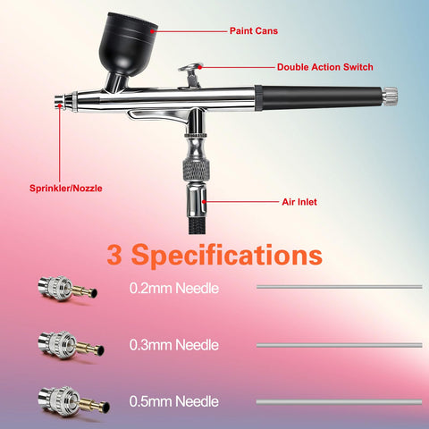 Airbrush Kit With Compact Compressor showing 0.2mm 0.3mm 0.5mm nozzles and adjustable spray features.