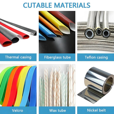 Variety of cuttable materials including thermal casing, fiberglass tube, and nickel belt for Hot Shrink Tube Cutter Machine 250W.