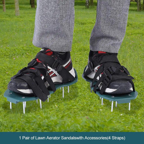 Pre Assembled Lawn Aerator Shoes With Spiked Metal Grips worn by person, adjustable straps visible, on green lawn.