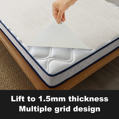 Heavy Duty Queen Mattress Gripper Pad With Dual Sided Nonslip Rubber Base To Keep Your Bed Locked Tight And Put An End To That Pesky Bed Frame Slide Every Night showing 1.5mm thickness and grid design.