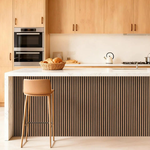 Game Changer Walnut Wood Slat Wall Panels Four Pack Acoustic Sound Dampening Board Set For Zero Drama Noise Cancelling Home Office And Living Room Decor Premium Fiber Core Build With Sleek Finish on kitchen island.