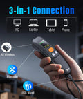 Portable Wireless Barcode Scanner That Works Like A Champ With 1.4 Inch LCD Screen 1200mAh Battery And Charging Cradle Ergonomic Design Reads 1D 2D And QR Codes Bluetooth 2.4G Or USB Wired Model 1600 shown in hand with connectivity options displayed.