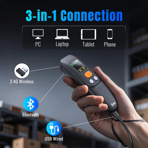 Portable Wireless Barcode Scanner That Works Like A Champ With 1.4 Inch LCD Screen 1200mAh Battery And Charging Cradle Ergonomic Design Reads 1D 2D And QR Codes Bluetooth 2.4G Or USB Wired Model 1600 shown in hand with connectivity options displayed.