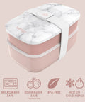 Three Compartment Adult Lunch Box With Built In Utensil Set And Sealing Strap For Meal Prep Grab And Go BPA Free Food Container Perfect For Work Or School In Blush Marble with icons showing features like microwave safe, dishwasher proof, BPA-free, and suitable for hot or cold meals.