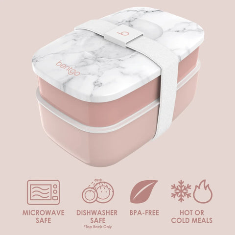 Three Compartment Adult Lunch Box With Built In Utensil Set And Sealing Strap For Meal Prep Grab And Go BPA Free Food Container Perfect For Work Or School In Blush Marble with icons showing features like microwave safe, dishwasher proof, BPA-free, and suitable for hot or cold meals.