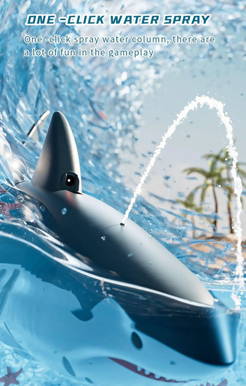 Lit Remote Control Shark Boat With HD Camera Water Sprayer Dual Motors 2.4G RC Racing Boat in pool with water spray demonstration