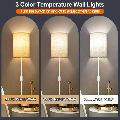 Plug In Wall Sconces Set Of Two With Three Adjustable Color Temperatures And Built In Switch For Hassle Free Plug And Play Lighting That Brings Solid Vibes To Your Space showing three light settings.
