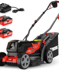 40V Cordless Lawn Mower With 14 Inch Deck, Two 4.0Ah Batteries And Charger, Grass Catcher, Ultra Lightweight At 21 Lbs, Six Height Settings, Battery Powered Mower For Small Yards shown with charger and batteries