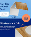 Contempo Slim Teak Finish Toilet Stool with 7 Inch Height featuring non-slip rubber feet and slip-resistant grip in brown and white.