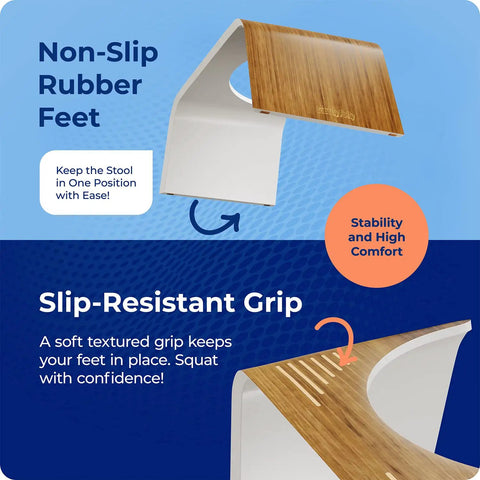 Contempo Slim Teak Finish Toilet Stool with 7 Inch Height featuring non-slip rubber feet and slip-resistant grip in brown and white.