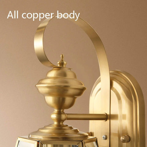 Retro Copper Wall Sconce Top Shelf All Metal Casting Dry Rated For Bedrooms Hallways And Porches Rock Solid Fixture close-up of copper body design.