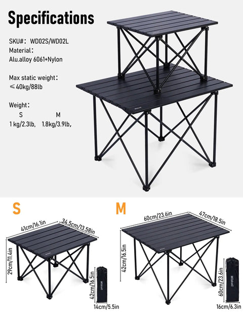 Ultralight Camping Table With Compact Aluminum Folding Design And Carry Bag For Outdoor Picnics Barbecues And Cooking Stable Portable Beach Table For Any Terrain, featuring small and medium sizes with specifications.