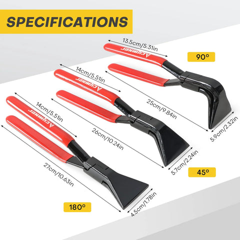 Three red-handled sheet metal bending pliers set with black jaws; 180°, 45°, and 90° bends, about 25–27 cm long.