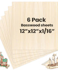 6-pack basswood sheets, 12x12 in, 1/16 in thick, unfinished natural wood
