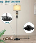Farmhouse Floor Lamp With Night Light And Retro Vibe, Black Tall Standing Light, Sturdy Base, Fabric Drum Shade, E26 Edison Base