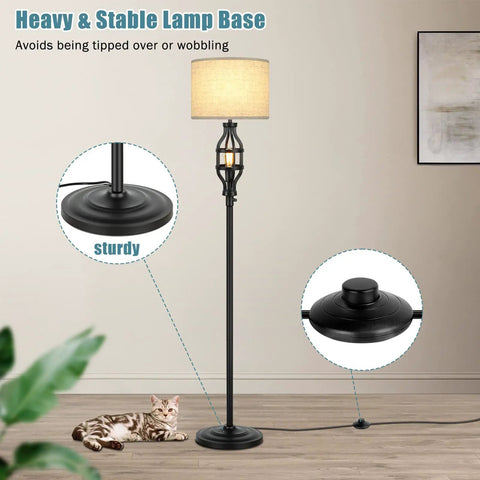 Farmhouse Floor Lamp With Night Light And Retro Vibe, Black Tall Standing Light, Sturdy Base, Fabric Drum Shade, E26 Edison Base