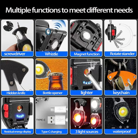 Multifunctional tool features of Magnetic COB Keychain Work Light With 7 Modes, 1600 Lumens, Rechargeable LED Flashlight