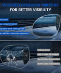 Comparison of widened rearview mirrors showing difference in visibility and durability, highlighting wider viewing range and drop-resistant material.