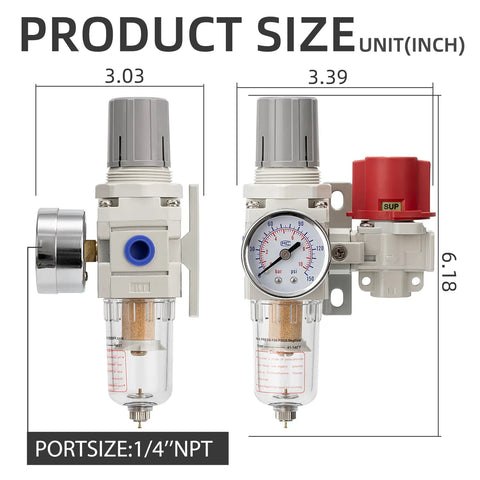 Pneumatic Air Compressor Filter Regulator Combo One Quarter Inch NPT 0 To 120 PSI Range With Pressure Relief Brass