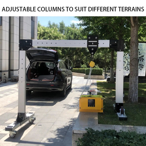 Heavy Duty Portable Aluminum Gantry Crane With Adjustable Height And Wide Beam Smooth Roller Mobile Lifter Foldable lightweight frame in use outside.
