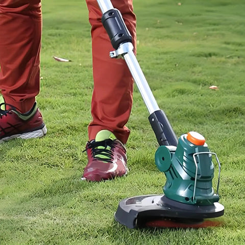 Person using a grass trimmer with a plastic cutter head from the 60 Pack String Trimmer Blades Replacement Set for Weed Eater Wacker Blades with Universal Fit.