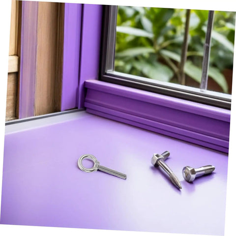 Heavy Duty Stainless Steel Threaded Eye Bolts M10x60 Set With Nuts And Washers, Rust Proof hardware on purple table.
