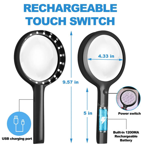 30X Rechargeable Magnifier With Light, 4.33 Inch Large Handheld LED Magnifying Glass With 20 Daylight LEDs And 3 Gear Dimming