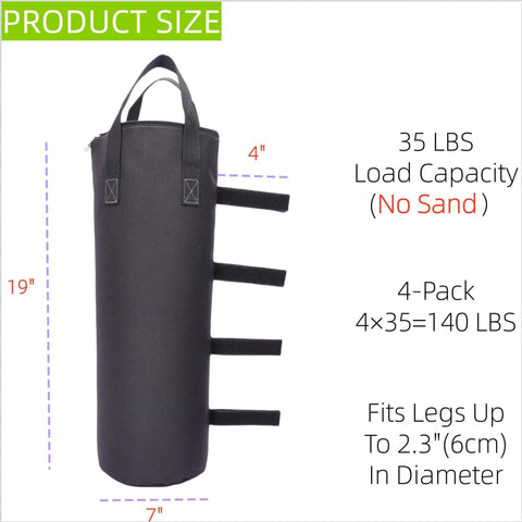 140 LBS Zipper Top Sand Bags for Canopy Legs and Gazebo Tents, side view showing size and straps