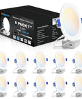 VOLISUN 8 Pack 7 inch Recessed Lighting, 5CCT, 2700K-5000K Selectable shown with multiple round LED lights and packaging.