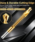 Six Piece HSS Twist Drill Bit Set Titanium Coated Workhorse For Woodworking And Sheet Metal Drilling Precision Ground Multi Material Kit, showing a sharp, gold-titanium coated drill bit.