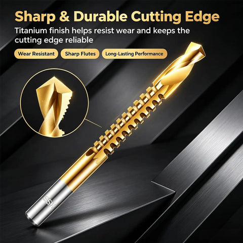 Six Piece HSS Twist Drill Bit Set Titanium Coated Workhorse For Woodworking And Sheet Metal Drilling Precision Ground Multi Material Kit, showing a sharp, gold-titanium coated drill bit.