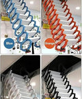 Heavy Duty Electric Attic Ladder Pull Down Loft Stair With Remote Control Auto Deploy Scissor Lift in blue, orange, white, and black colors.