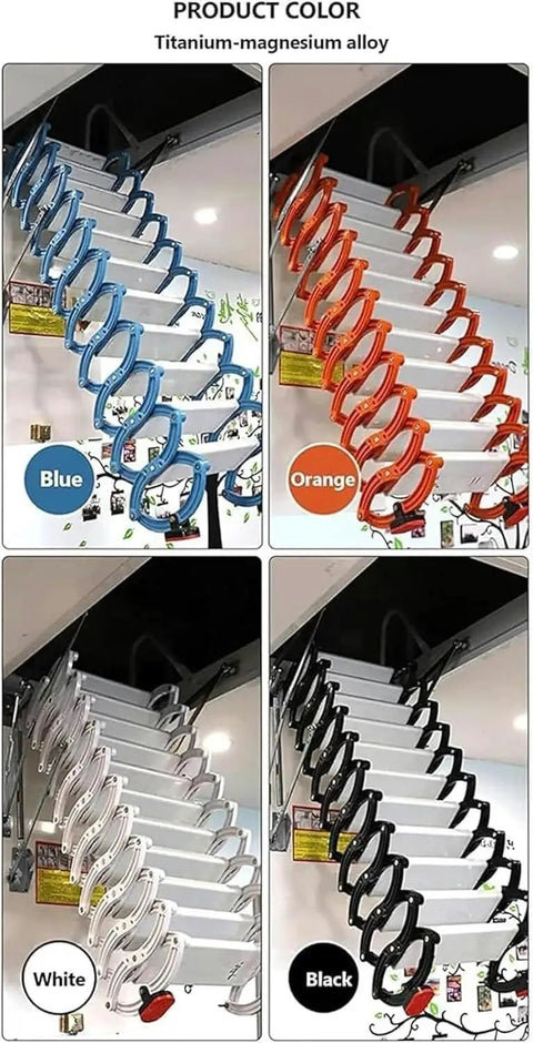 Heavy Duty Electric Attic Ladder Pull Down Loft Stair With Remote Control Auto Deploy Scissor Lift in blue, orange, white, and black colors.