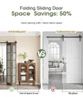 Comparison of preassembled bifold barn door set 32 by 84 inches with double 16 by 84 panels solid wood and grid glass vs traditional barn door