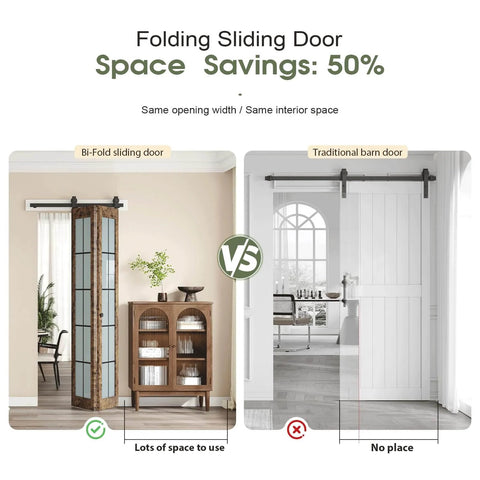 Comparison of preassembled bifold barn door set 32 by 84 inches with double 16 by 84 panels solid wood and grid glass vs traditional barn door