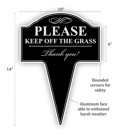 Please Keep Off The Grass Aluminum Yard Sign 10 By 14 Inches Heavy Duty Max Metal Construction Weatherproof with measurements.