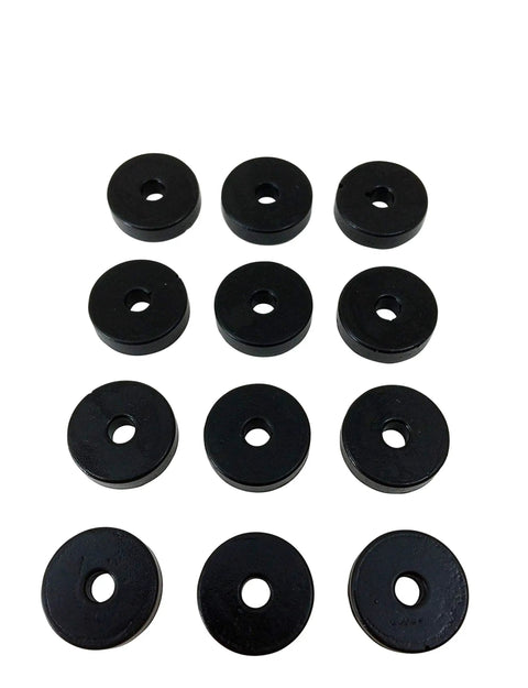 Sorbothane Vibration Isolation Washers 50 Durometer Black Rubber Bushings 12 pack arranged in rows with bore holes.