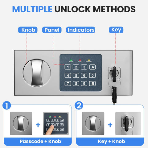 1.2 Cubic Feet Digital Safe Box With Shelf Keypad And Combination Lock interface showing keypad, key slot, and dial.