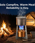 High Power Mini Alcohol Stove Spirit Burner for camping and backpacking beside campfire, tent in background